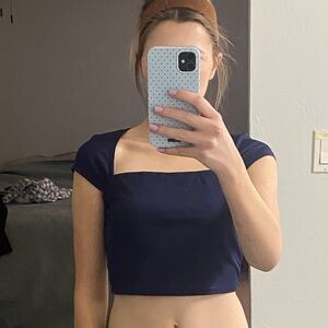 Navy Square-Neck Cap Sleeve Crop Top - Women